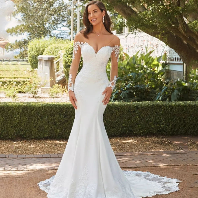 Long Sleeve Backless Lace Fishtail Wedding Dress Hover Image