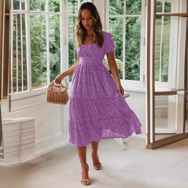 Square Collar Short Sleeve Dress Summer Puff Floral Printed Dress Long Dresses Main Image