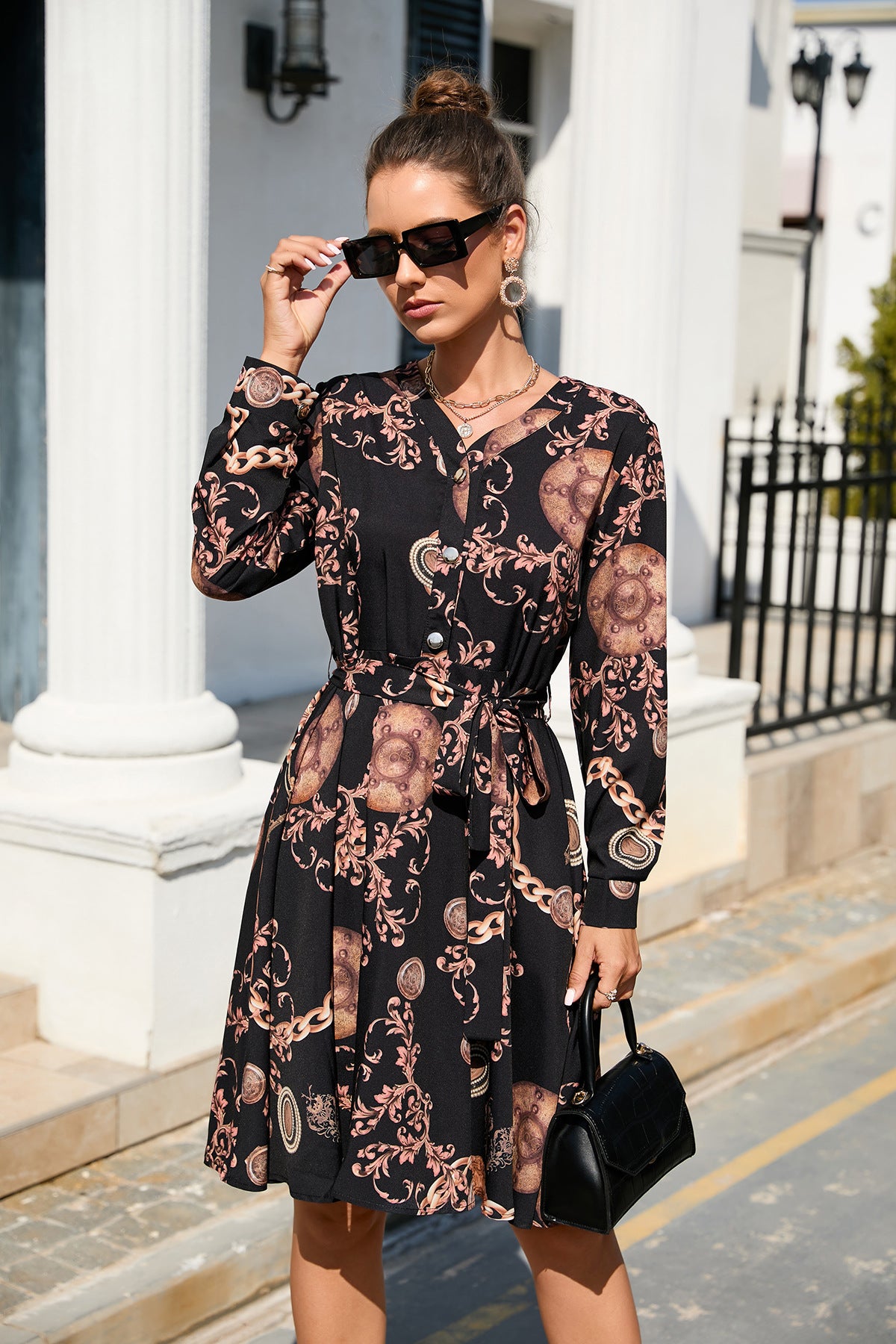 Summer Printing Long Sleeve Big Hem Dress