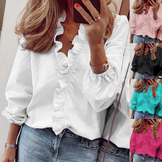 European And American-style Long-sleeve Ruffled Blouse For Women Hover Image