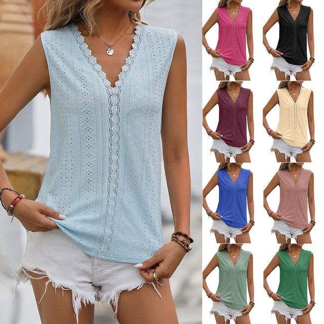 Lace Tops Women V-neck Sleeveless Hollow Out Vest Summer Tank Hover Image