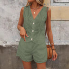 Solid Color Casual V-neck Vest Button Shorts Suit Women