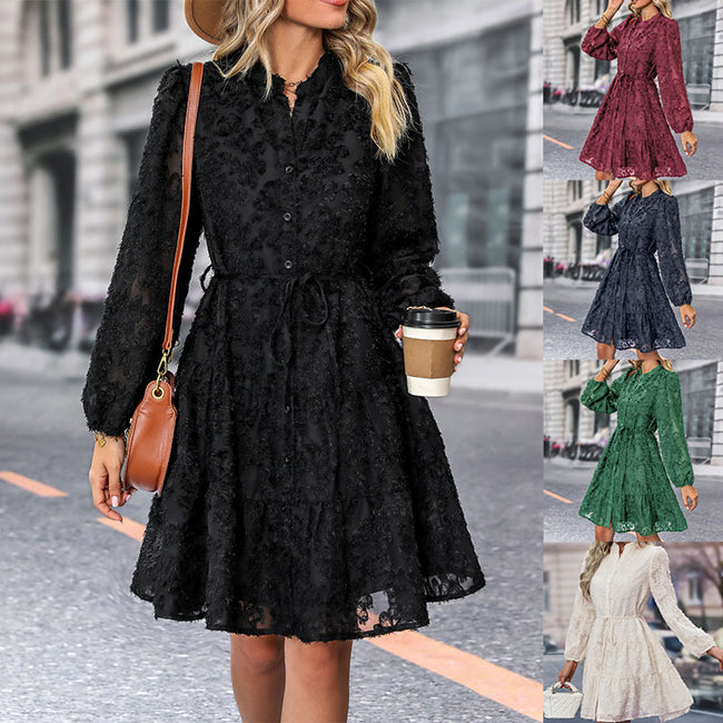 Lace Tied Long Sleeve Dress Fashion Medium Length Dresses Womens Clothing Hover Image