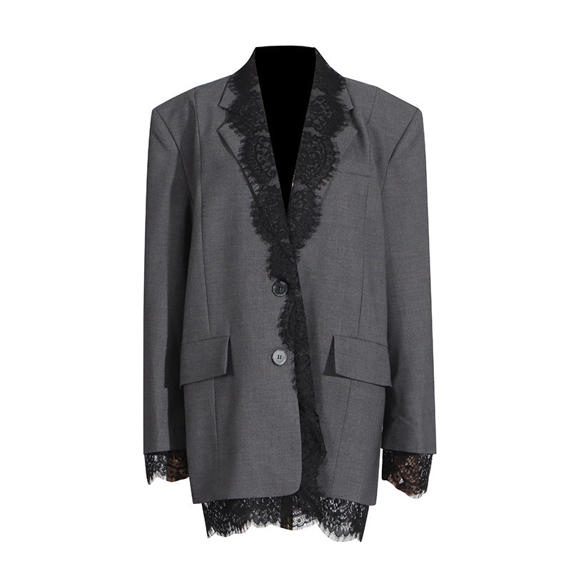 Blazer structuré à manches longues et empiècements en dentelle pour femme
