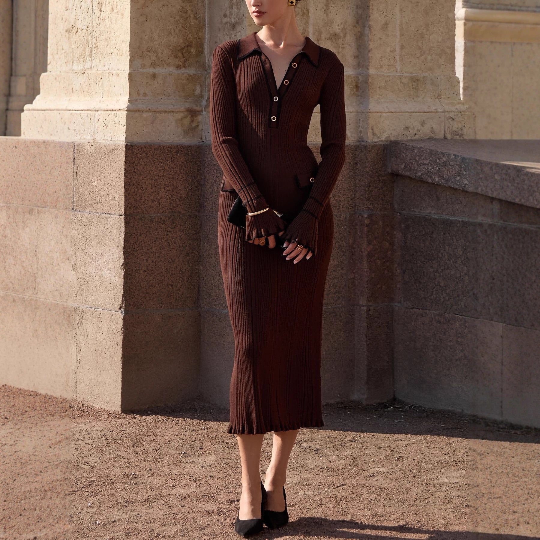 French Contrast Slim Knit Dress For Women