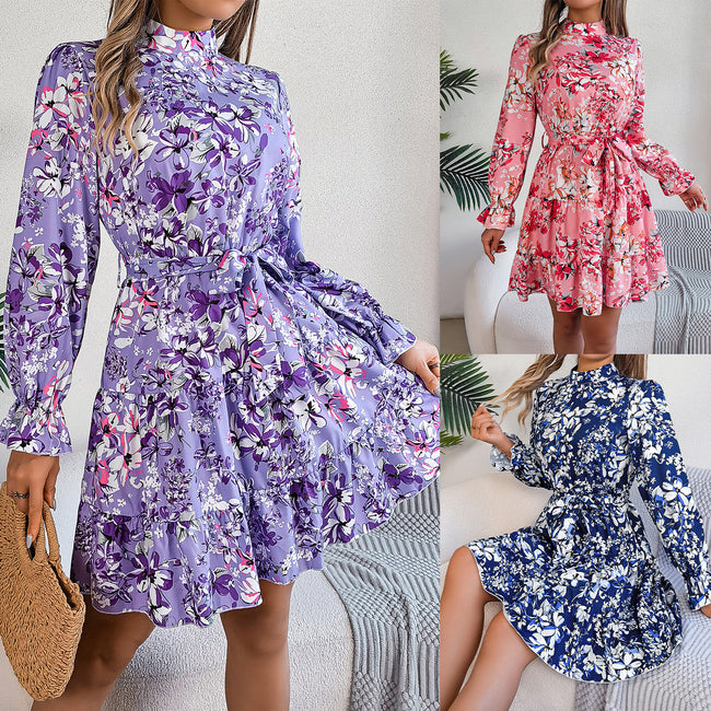 Standing Collar Floral Print Waist-controlled Long Sleeves Ruffled A-line Dresses For Women Spring Autumn Ruffle Edge Long Dress Hover Image