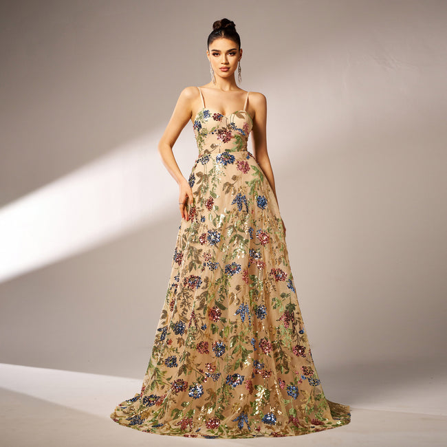 Elegant Sleeveless Sequined Suspender Evening Dress Hover Image