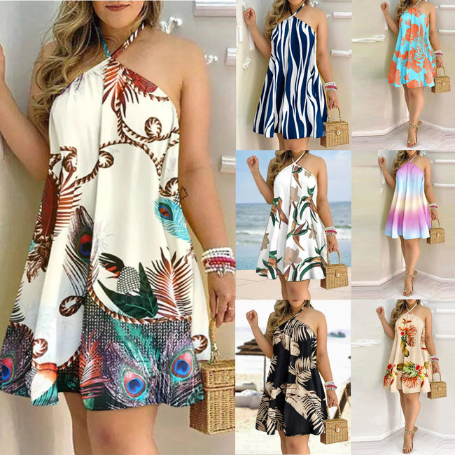 Printed Dress Summer Off-Shoulder Hanging Neck Sleeveless Sexy Dresses Women Hover Image