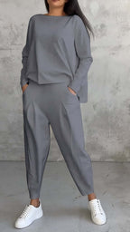 Women's Irregular Suit Long-sleeved Round Neck Top And Loose Harem Pants With Pockets Ins Fashion Trousers Set Women's Clothing