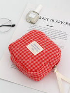 Red Plaid Makeup Bag Portable For Travel