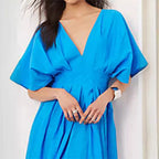 Blue V-neck Pleated Dress Bell Sleeve Dress French Style