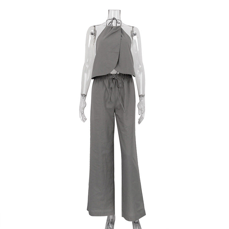 Two-piece Set Lace-up Halterneck Vest Sleeveless Top Women's Wide-leg Pants Suit