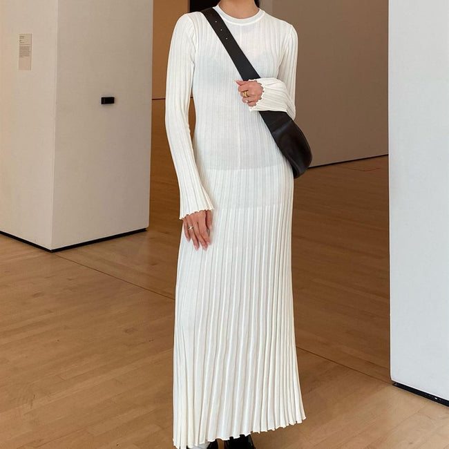Knitted Dress Waist-tight Round Neck Knitted Women Hover Image