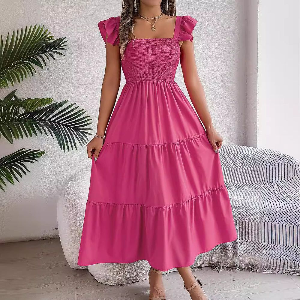 Robe d'été décontractée pour femme - Robe sans manches mi-longue plissée et longue à volants