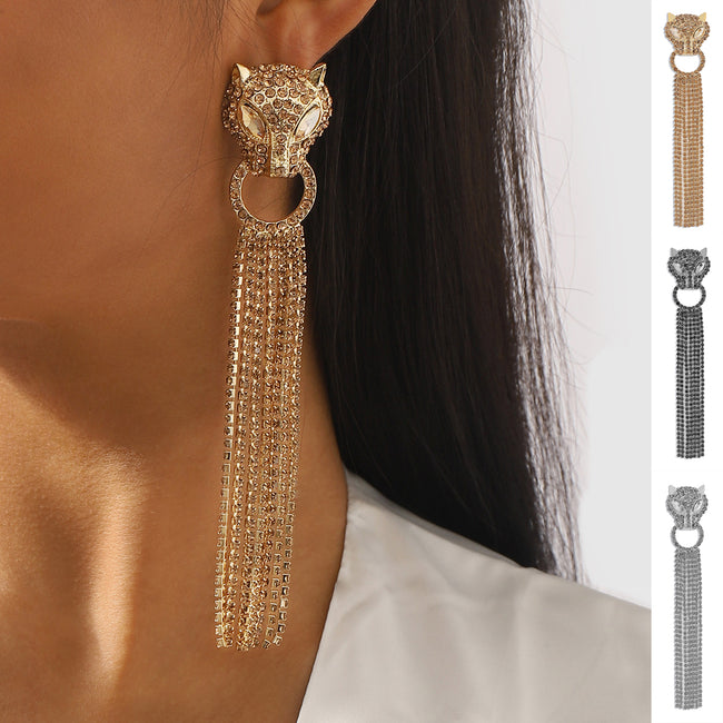 Personalized Leopard Head Earrings With Tassel Rhinestones Trendy Fashion Jewelry Luxury Long Earrings For Women Hover Image