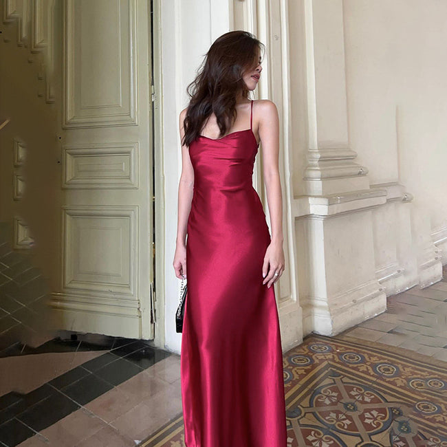 Strap Satin A Swing Backless Dress Women Hover Image