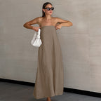 French Style Khaki Cotton Linen Tube Top Vacation Style High Waist Dress