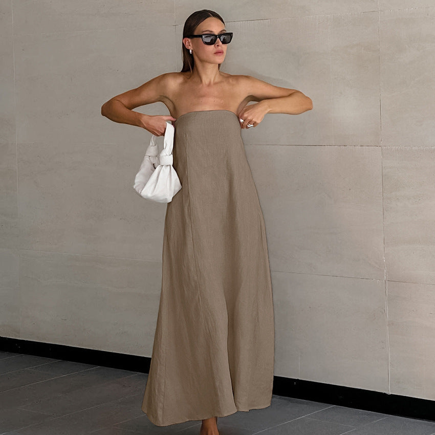 French Style Khaki Cotton Linen Tube Top Vacation Style High Waist Dress