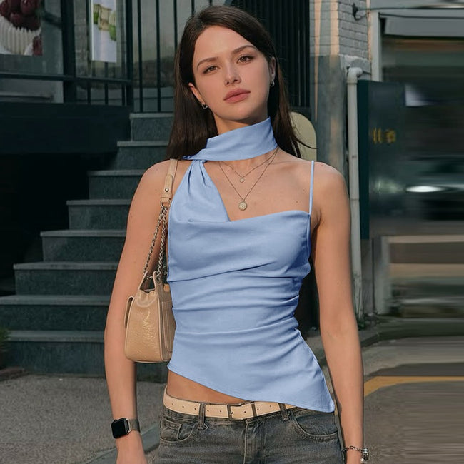 Womens Allure-Style Halterneck Flowy Strap Solid-Color One-Shoulder Camisole Top Main Image