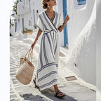 Casual Loose Retro Striped Print Holiday Dress Summer Short Sleeve V Neck Robes Dress Boho Beach Pleated A-Line Long Dress Woman