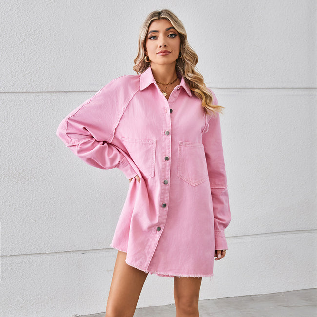 Washed Raw Edge Denim Dress Stitching Long-sleeved Cardigan Main Image