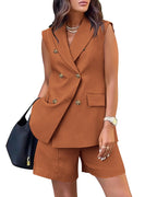 Women Fashion Solid Color Double-Breasted Blazer Sleeveless Two-piece Set