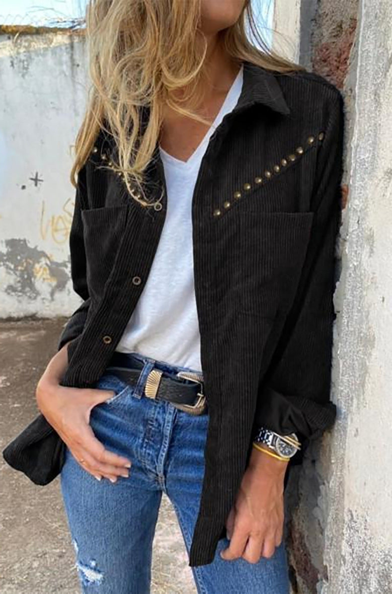 Rivet Long-sleeved Button Pocket Shirt Top Women