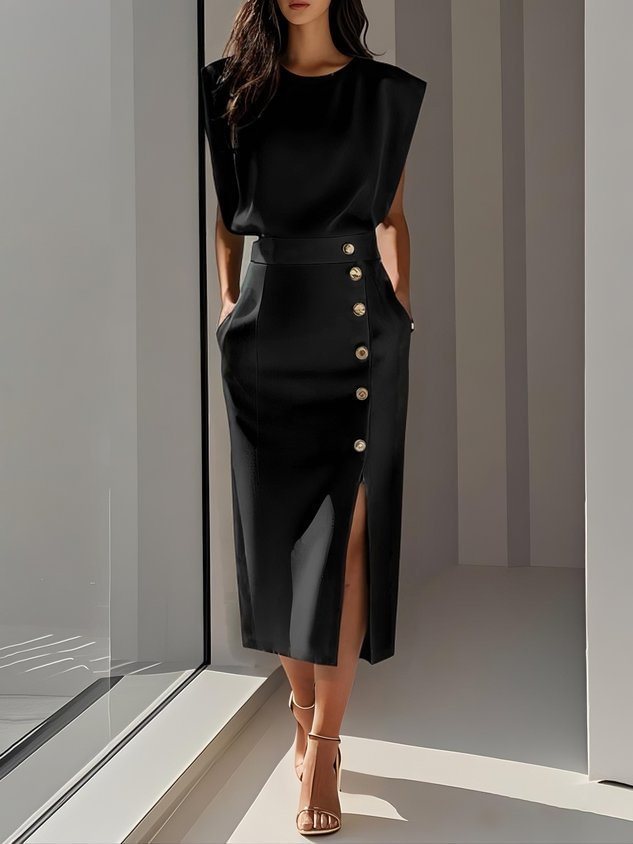 Women's Summer Split Dress With Buttons Casual Sleeveless Midi Dress Clothing Main Image
