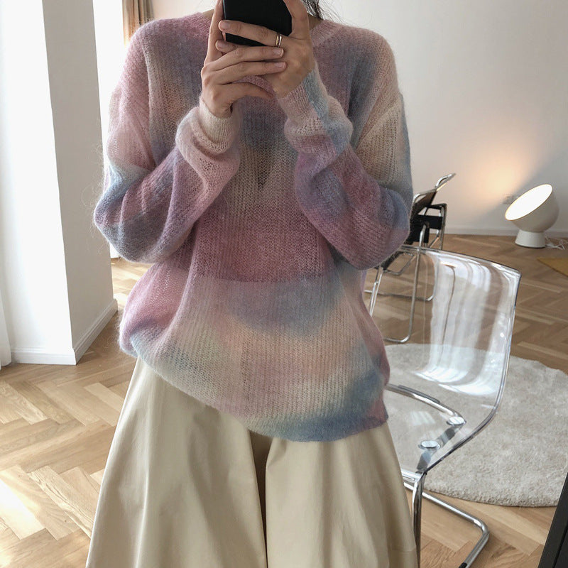 Perspective Round Neck Loose Mohair Sweater Knit Sweater Women Thin