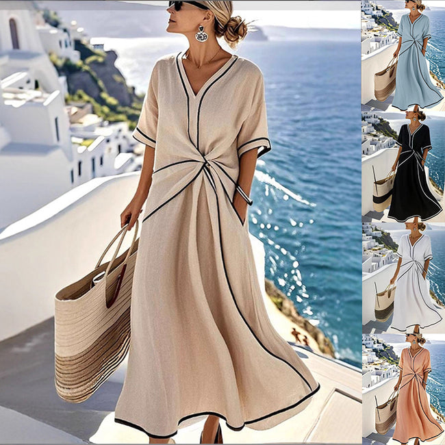 Summer Striped Print Dress Casual Beach Vacation Short-sleeved Maxi Dress Womens Clothing Hover Image