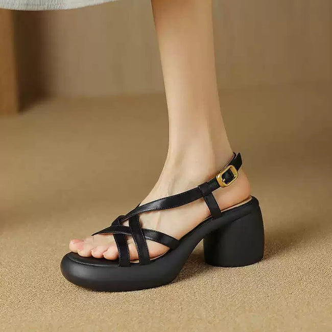 Retro Soft Leather High Heel Sandals For Women Platform Open Toe Hover Image