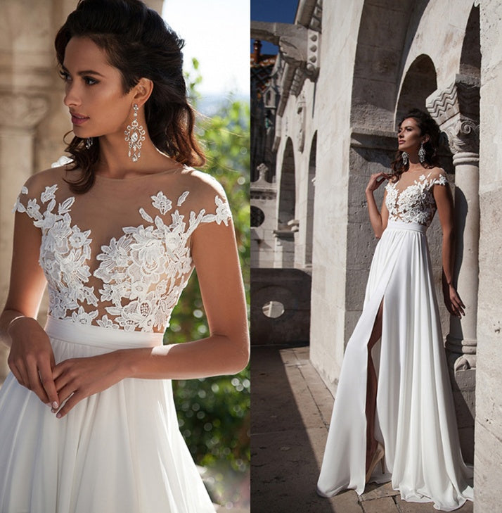 Robe de mariée bohème Robe de mariée en mousseline longueur ras du sol avec applications, personnalisable, élégante