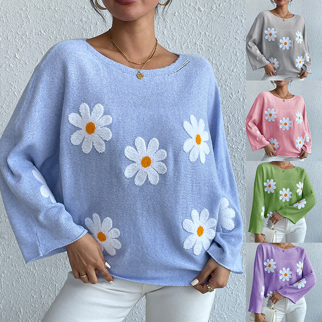 Sweet Flowers Loose Knitted Sweater For Women Hover Image
