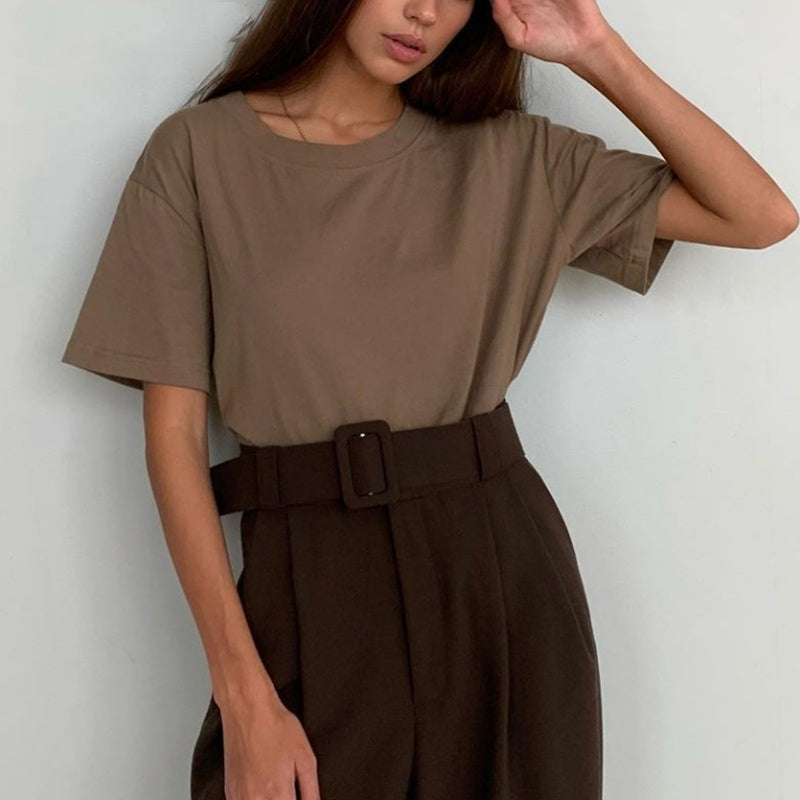 Summer Knitted Basic Solid T-shirt Women Casual Cotto