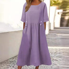 Women's Fashion Casual Cotton Linen Short Sleeve Pocket Dress