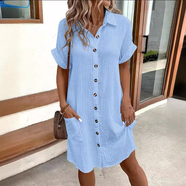 Summer Short Sleeve Shirt Dress Fashion Solid Color Single-breasted Mid-length Loose Dress Main Image