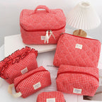 Red Plaid Makeup Bag Portable For Travel