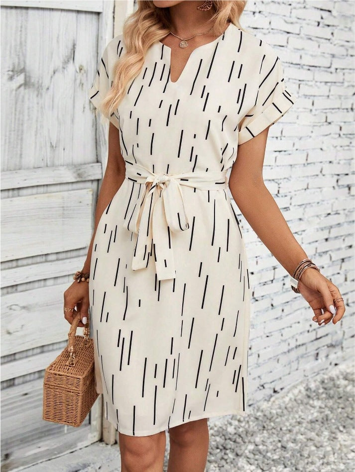 Women's Full Print Slotted Neckline Batwing Sleeve Belt Dress