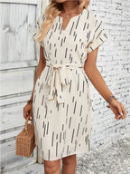 Women's Full Print Slotted Neckline Batwing Sleeve Belt Dress