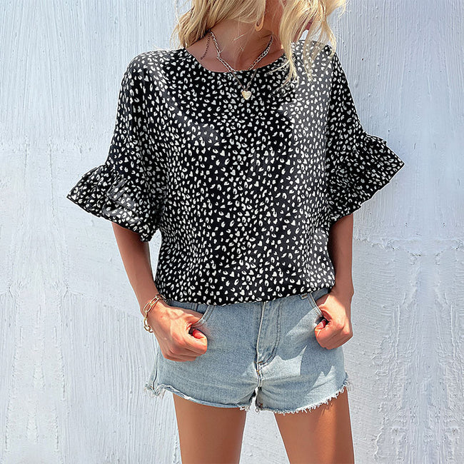 Stylish Shirt Leopard Print Bat Ruffle Sleeve Printed Shirt For Women Hover Image