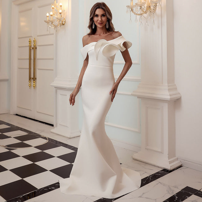 Missord Women Sexy One Shoulder Ruffles Evening Party Dress Solid Color Celebrity Maxi Dress Slash Neck Women Dress FT19938-2 Hover Image