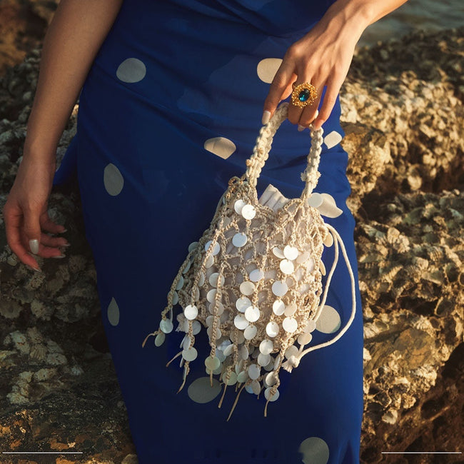 French-style Retro Sequined Woven Tassel Cotton-Linen Shell-shaped Hollow Elegant Clutch Bag Hover Image
