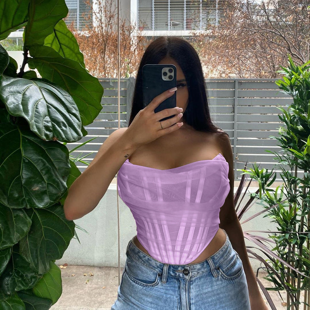 Fashion Herringbone Mesh Bra And Vest Women Short Top