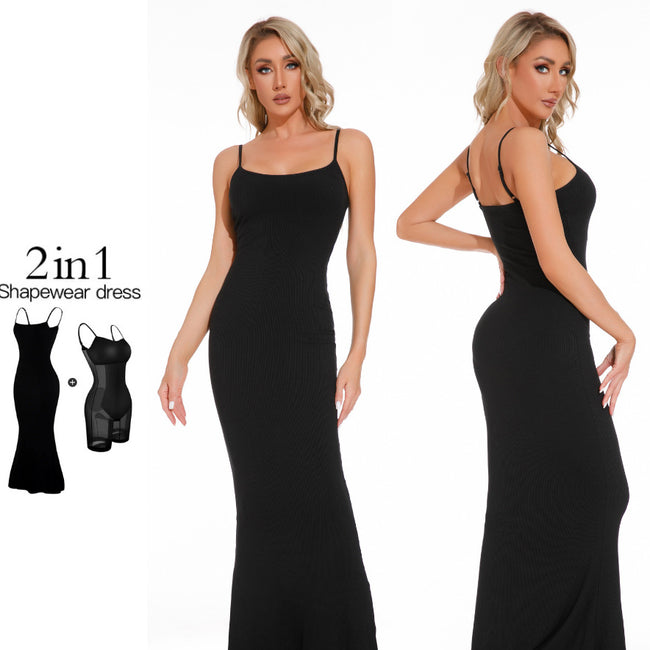 Women's Shapewear Dress Jumpsuit Tummy Tuck Lift Corset Open Crotch Suspender Tight Long Skirt Chest Pad Bodysuit Dress Hover Image