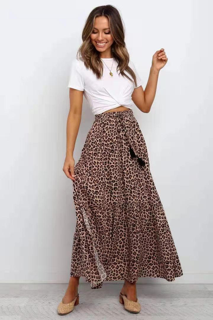 New Cotton Elastic High Waist Brown Leopard Print Large Skirt