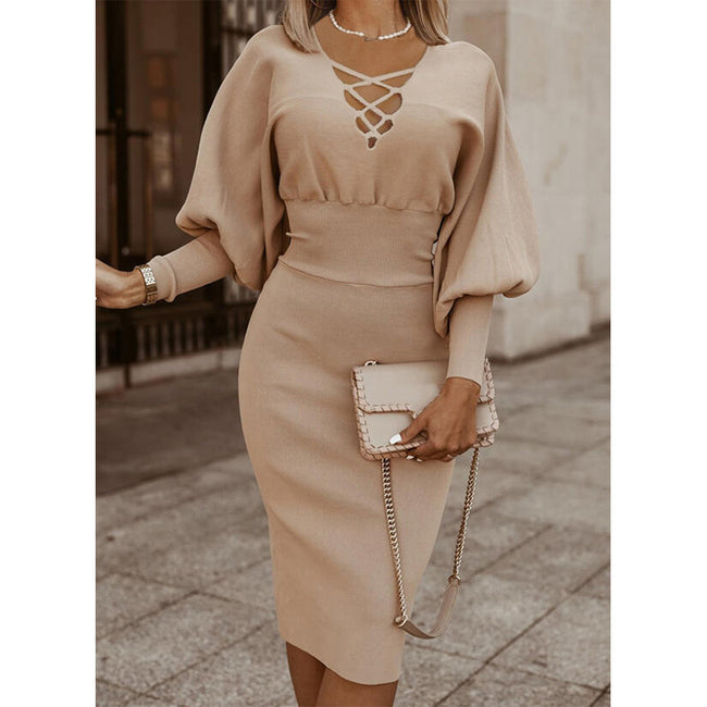 Pure Color High Waist Long Sleeve Knitted Dress Main Image