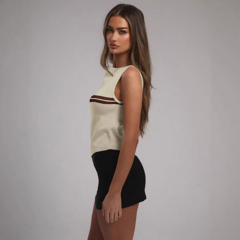 Chanel-style Striped Knitted Camisole Womens Summer Outerwear Slimming Base Layer Sleeveless T-shirt Top