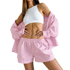European And American Sweet Casual Plaid Suit Loose Plaid Shirt And Shorts Two-piece Set