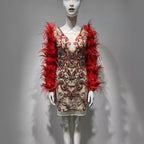 Women Red Feather Long Sleeve Mesh Rhinestone Dress
