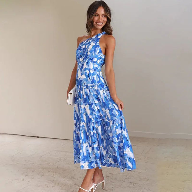 Summer Sloping Shoulder Backless Print Holiday Dress Main Image